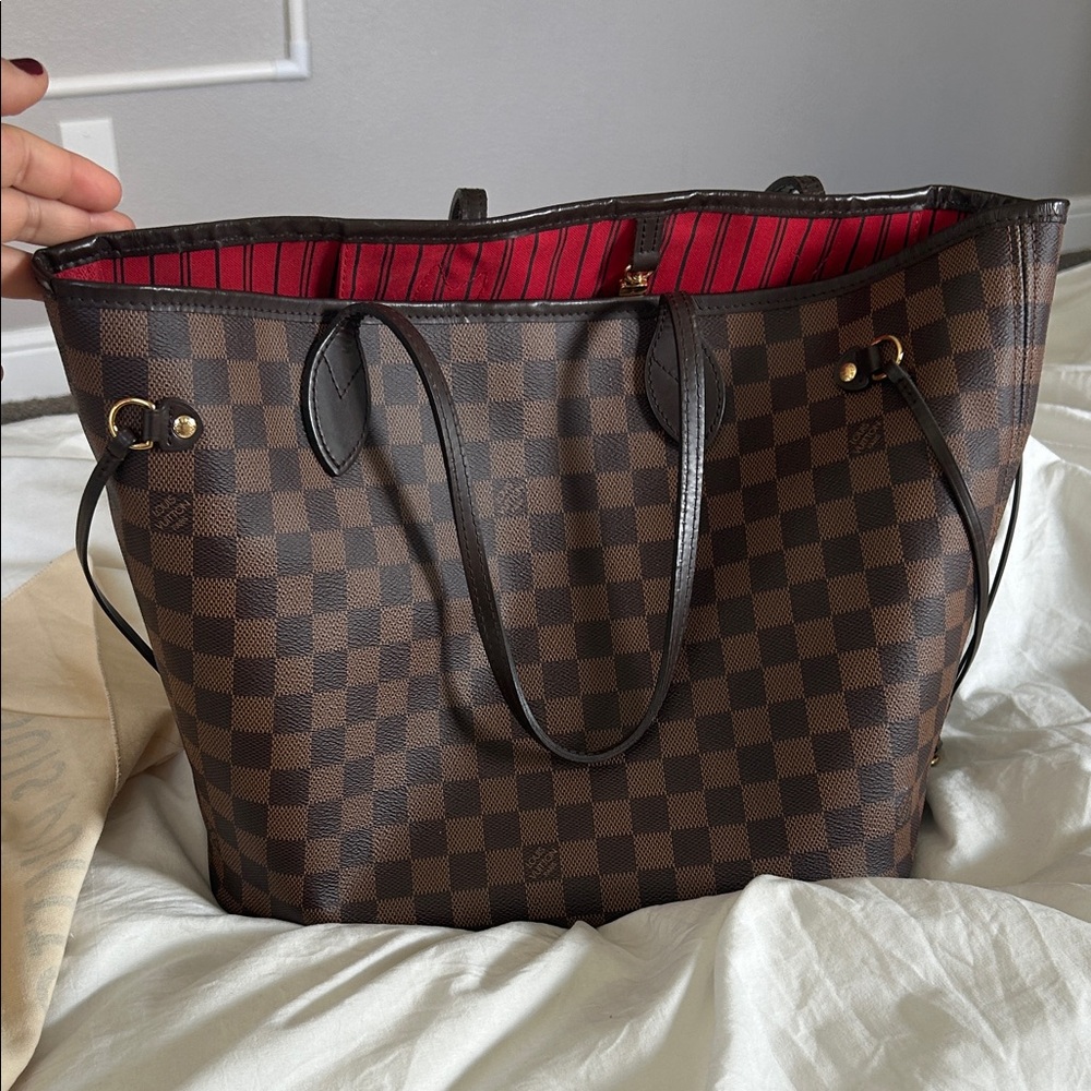 Louis Vuitton Brown Checkered Tote with Red Interior